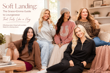 Grace+Emma loungewear in a cozy living room, showcasing soft pullovers, matching lounge sets, and relaxed everyday outfits for stylish comfort.