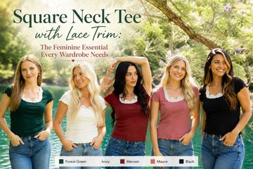 Woman wearing the Grace+Emma Square Neck Tee with Lace Trim in Forest Green featuring a flattering square neckline, delicate lace trim, and soft ribbed knit fabric styled with classic blue jeans.