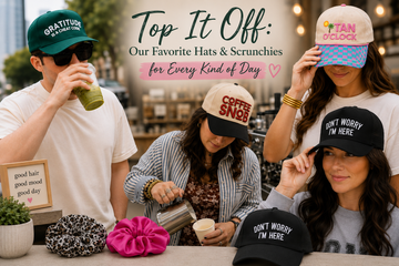 A stylish collection of Grace+Emma hats and colorful scrunchies displayed in a bright, lifestyle-inspired setting, showcasing versatile women's accessories for everyday wear, travel, and casual outfits.