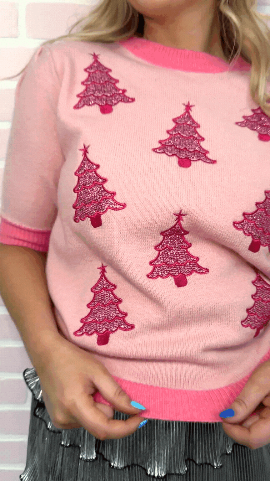 Glitter Trees on Puff Sleeve Knit Top