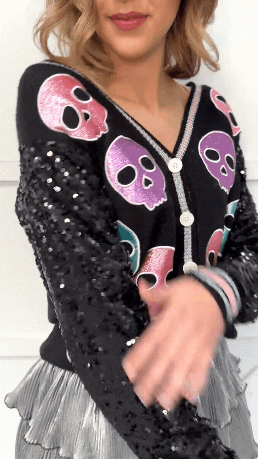 Glitter Skulls on Black Cardigan
