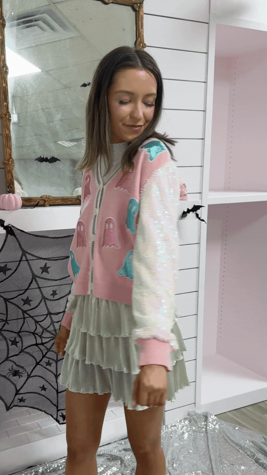 Glitter Ghosts on Pink Cardigan