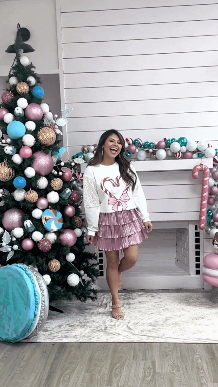 Heart Candy Canes on Light Weight Sequins Crewneck, White