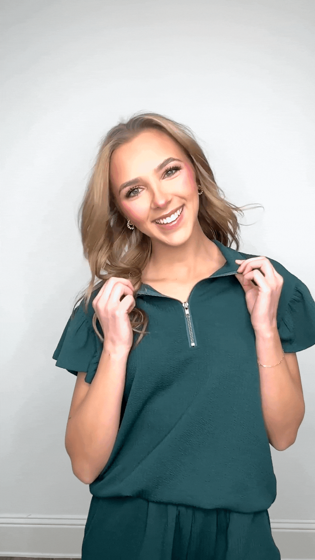 Forest Green Quarter Zip with Flutter Sleeves