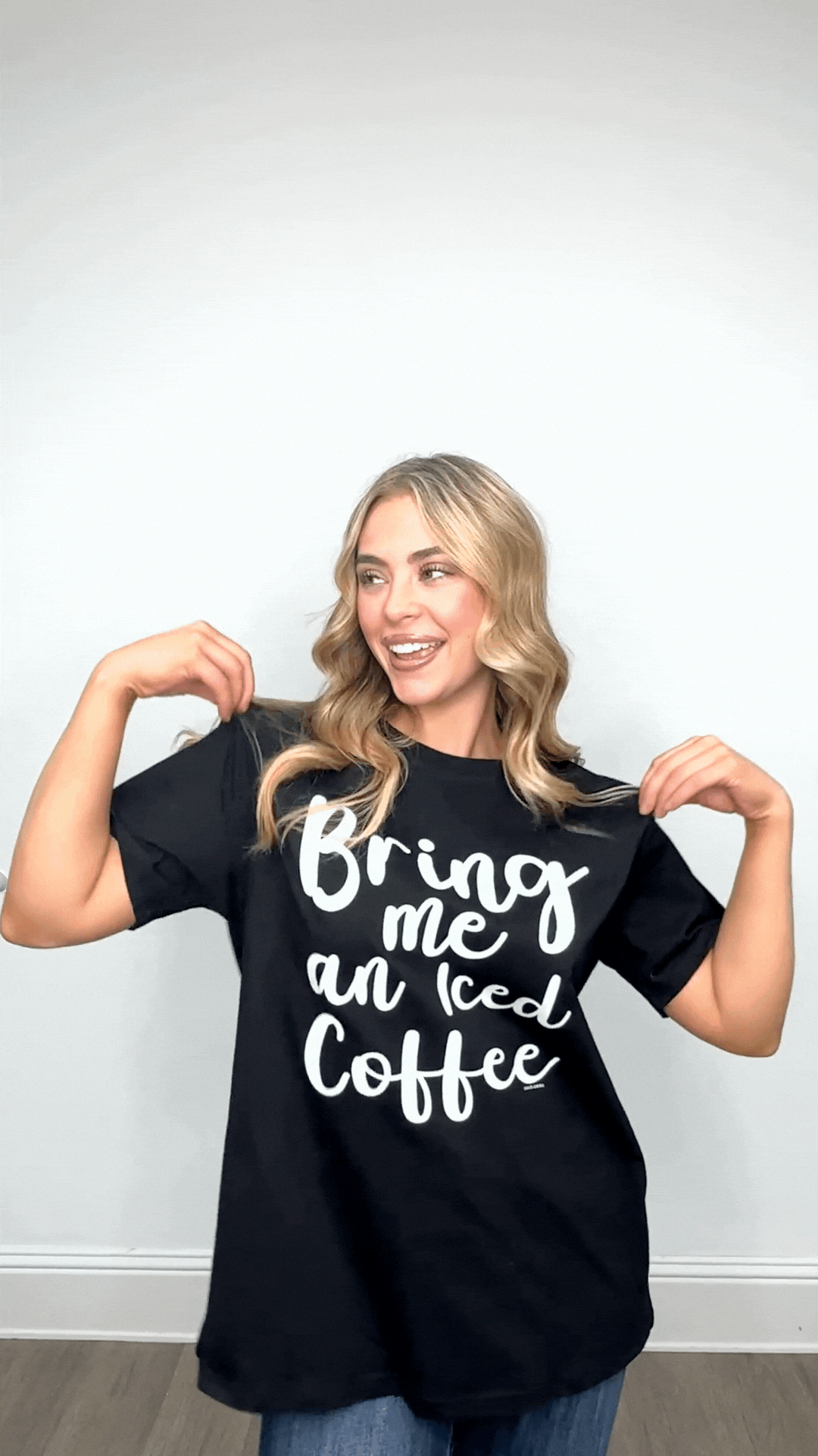Bring Me an Iced Coffee on Black Tee Shirt Blank