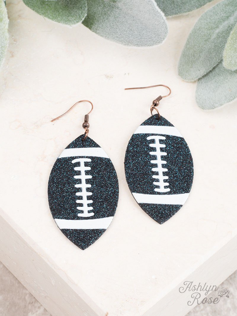 Game Day Darling Football Earrings, Midnight Blue Glitter