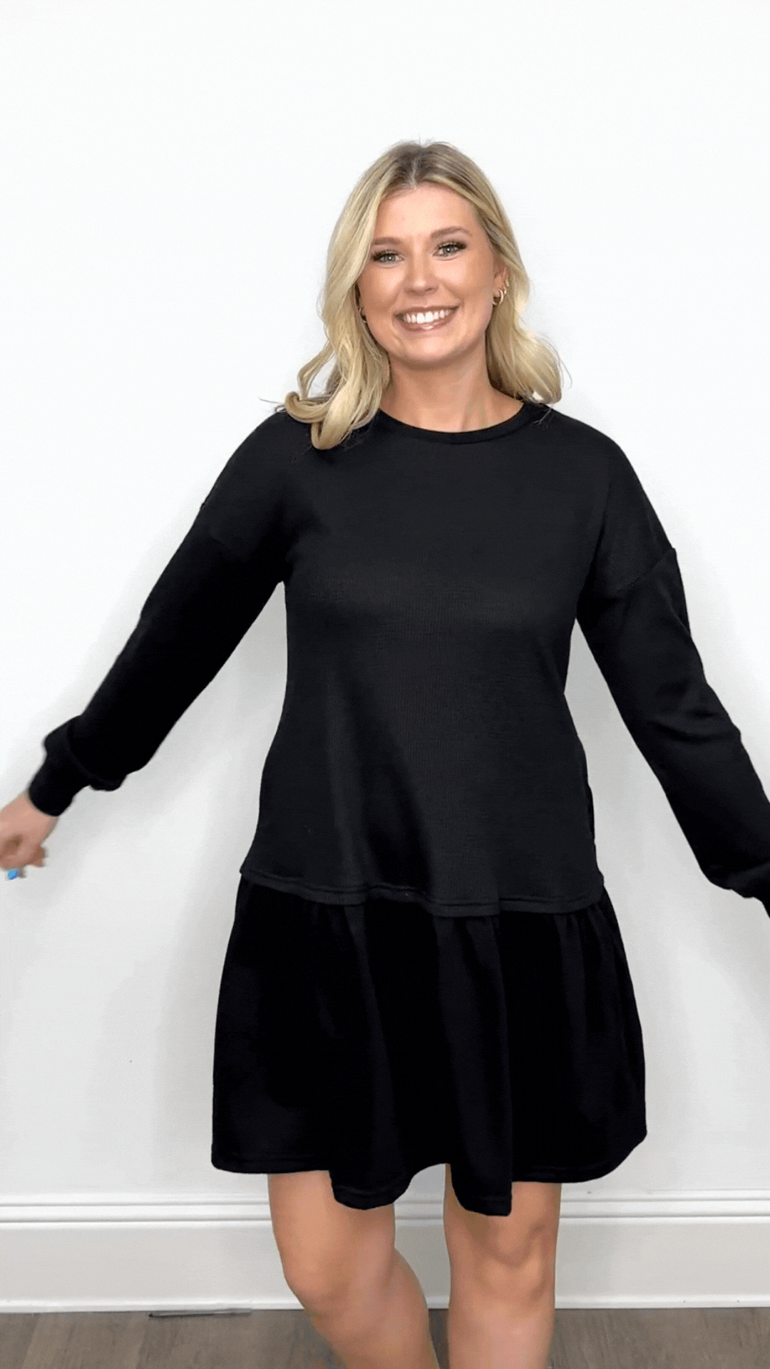 Waffle Knit Long-Sleeve Dress, Black