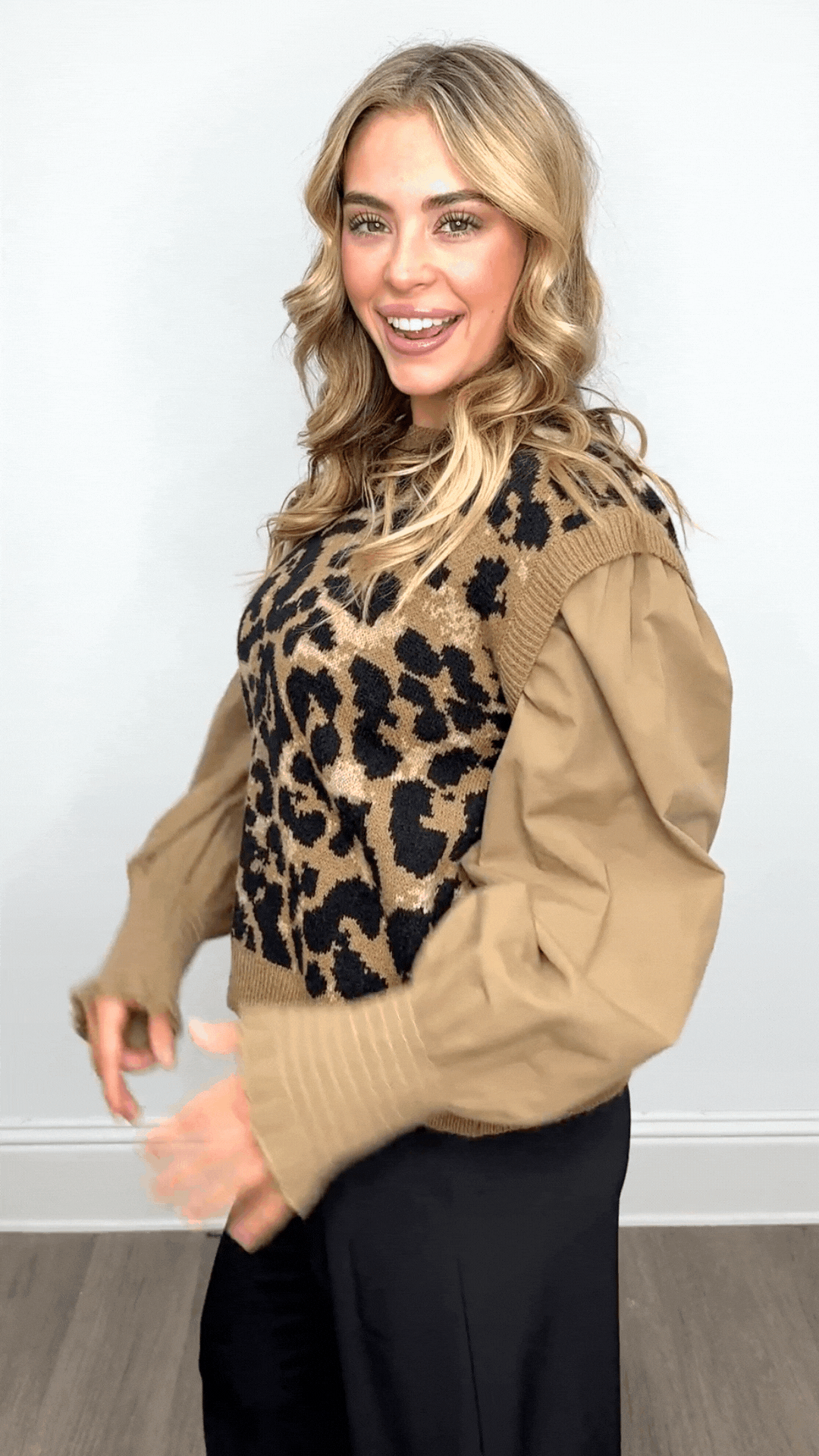 Leopard Sweater Vest with Tan Sleeves