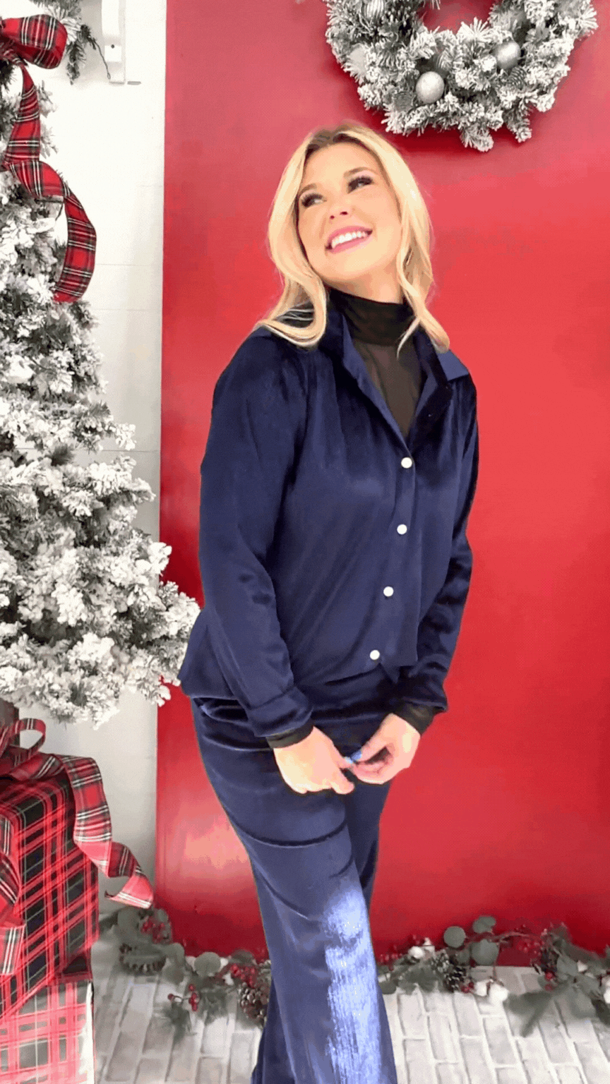 Velvet Straight-Leg Pants, Navy