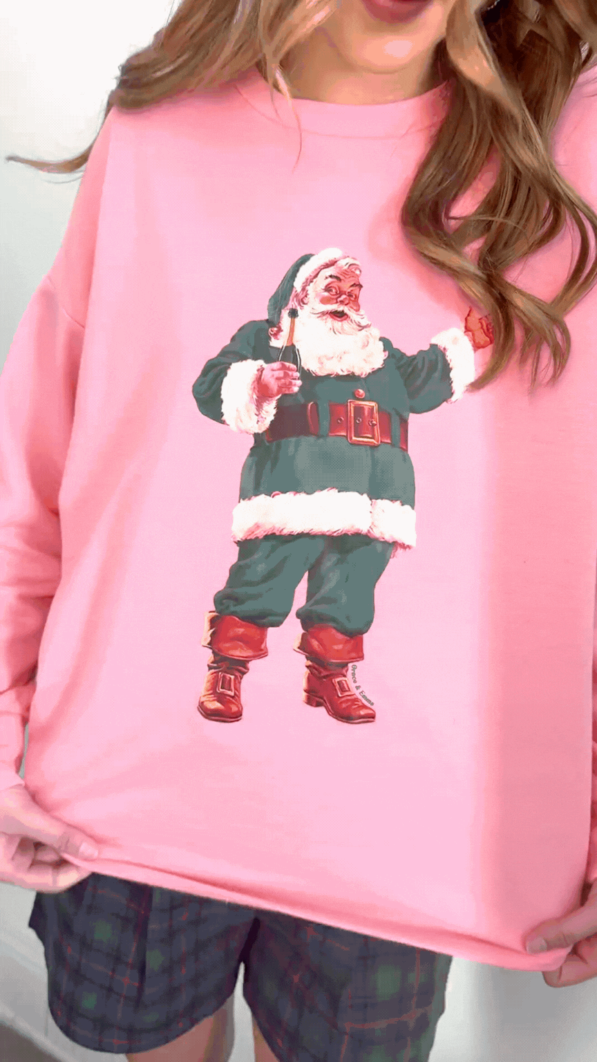 Santa With Champagne on French Terry Crewneck, Pink