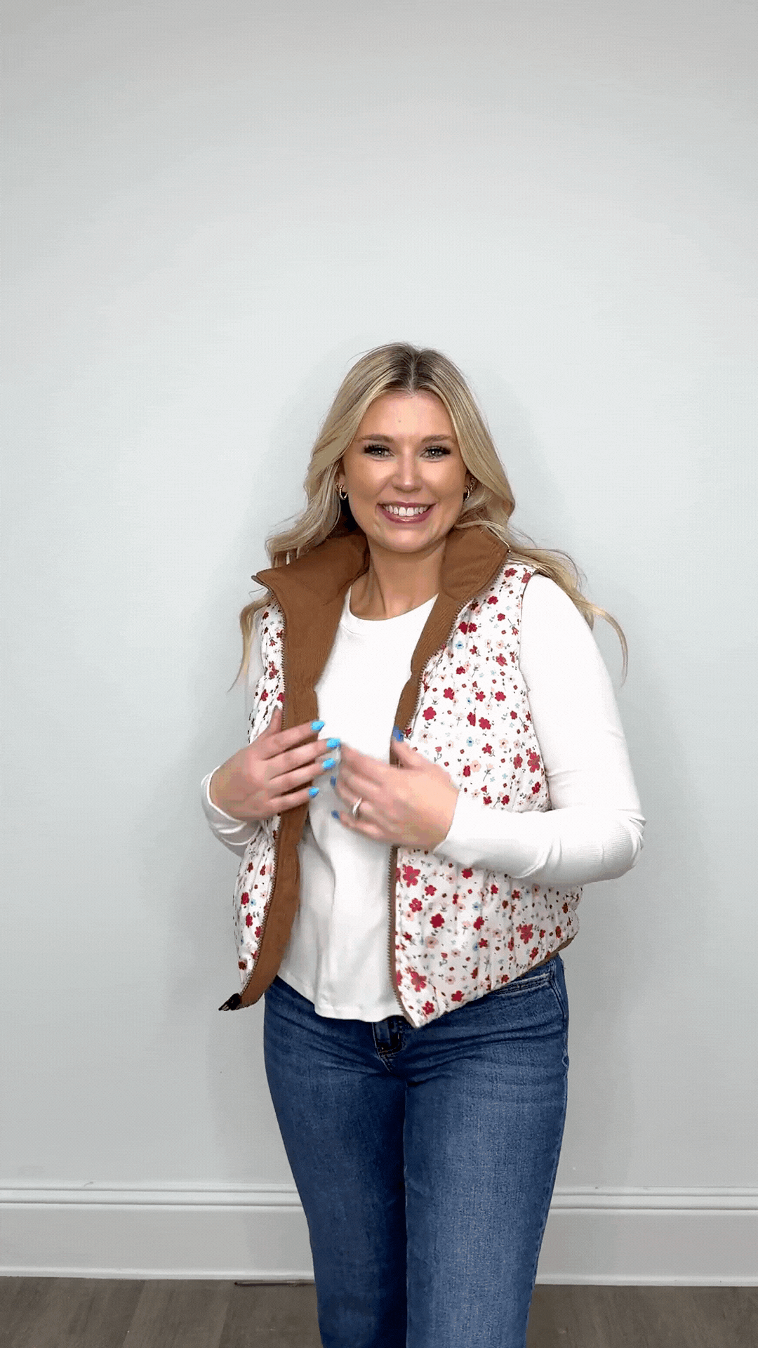 The Gillian Reversible Tan and Floral Puffer Vest
