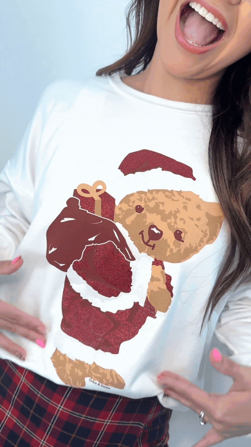 Teddy Bear Santa on French Terry Crewneck, White