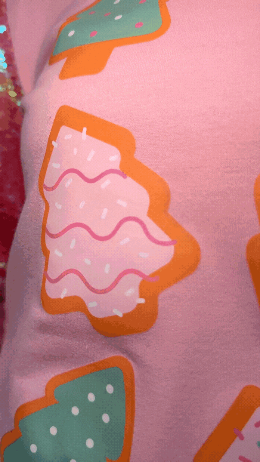 Christmas Tree on Light Weight Sequins Crewneck, Pink