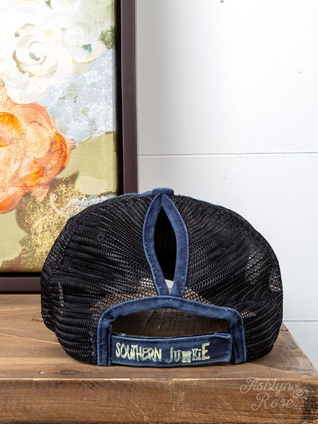 High Ponytail Navy Hat with Black Mesh Size