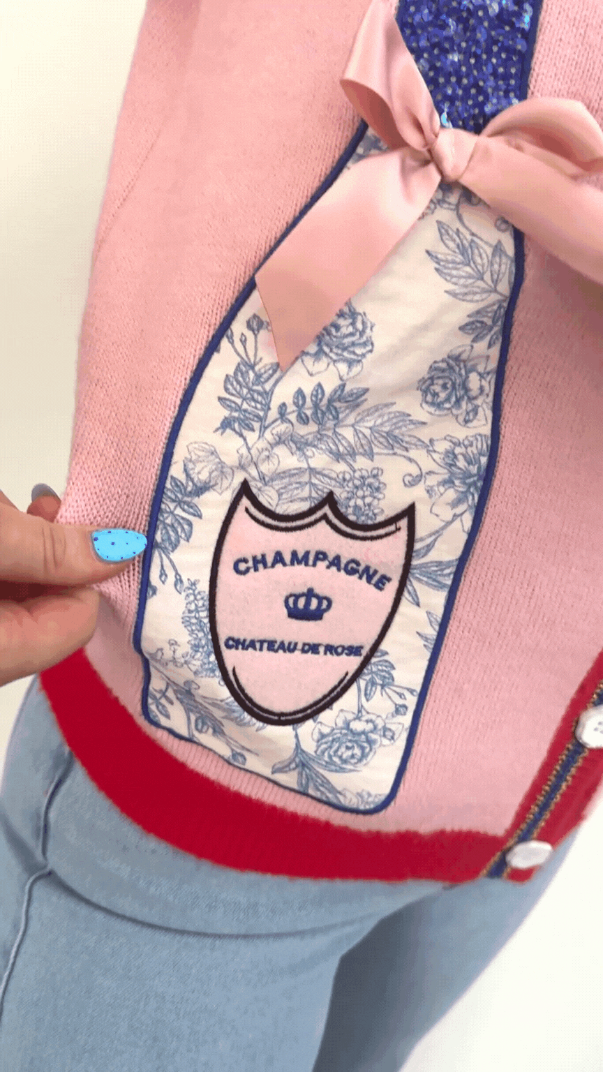 Pink Cardigan with Champagne Bottle Patches