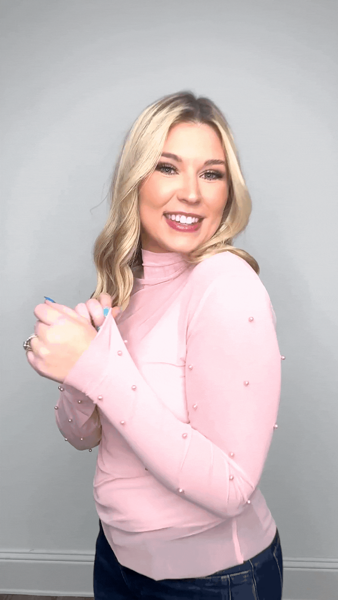 Mock Neck Mesh Top with Pearl Detail, Pink