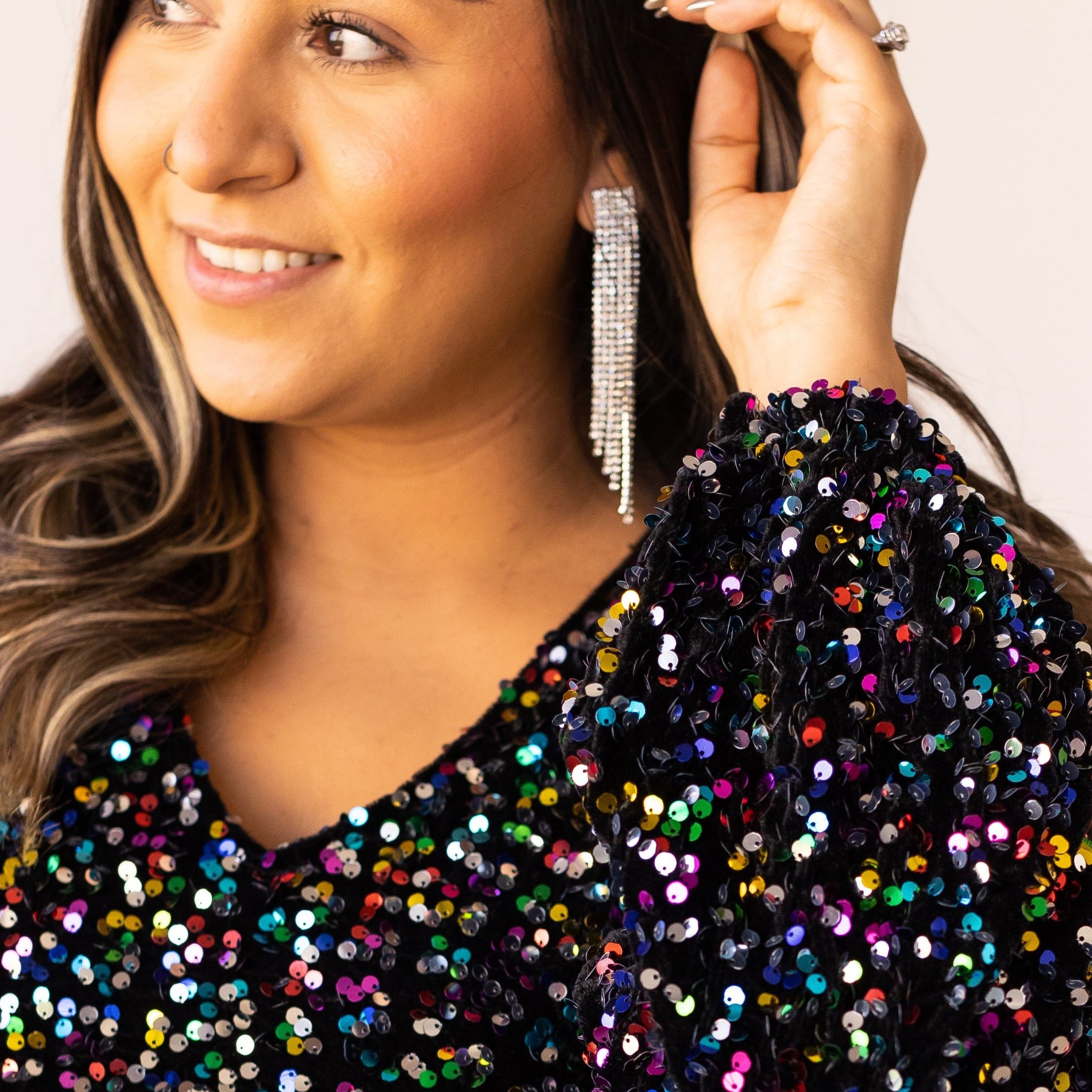 Silver Abstract Rhinestone Fringe Earrings