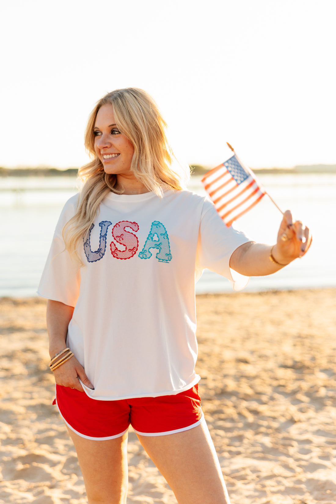 USA Lace Bows on White Blank Tee Shirt