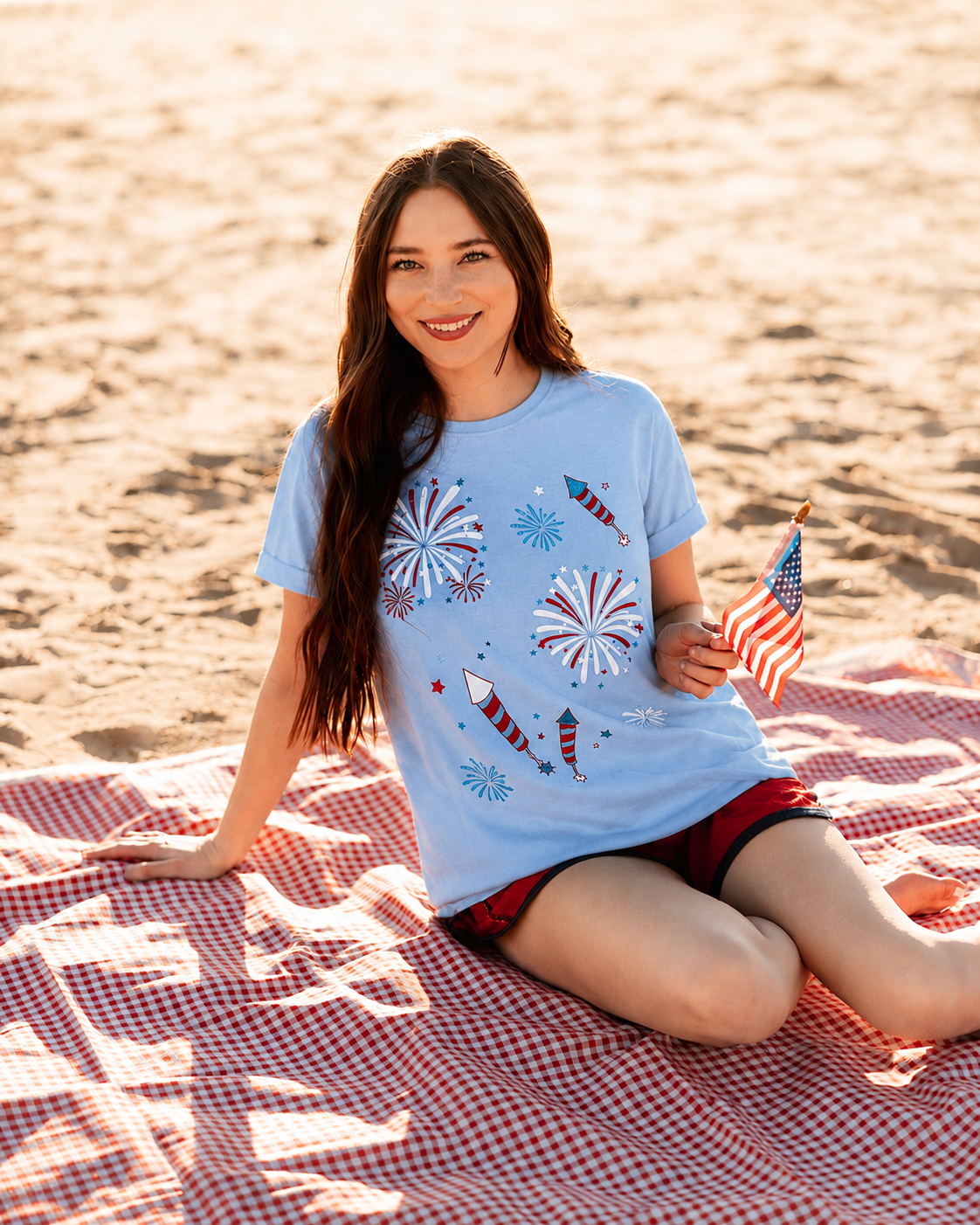 Fireworks on Blue Tee Shirt
