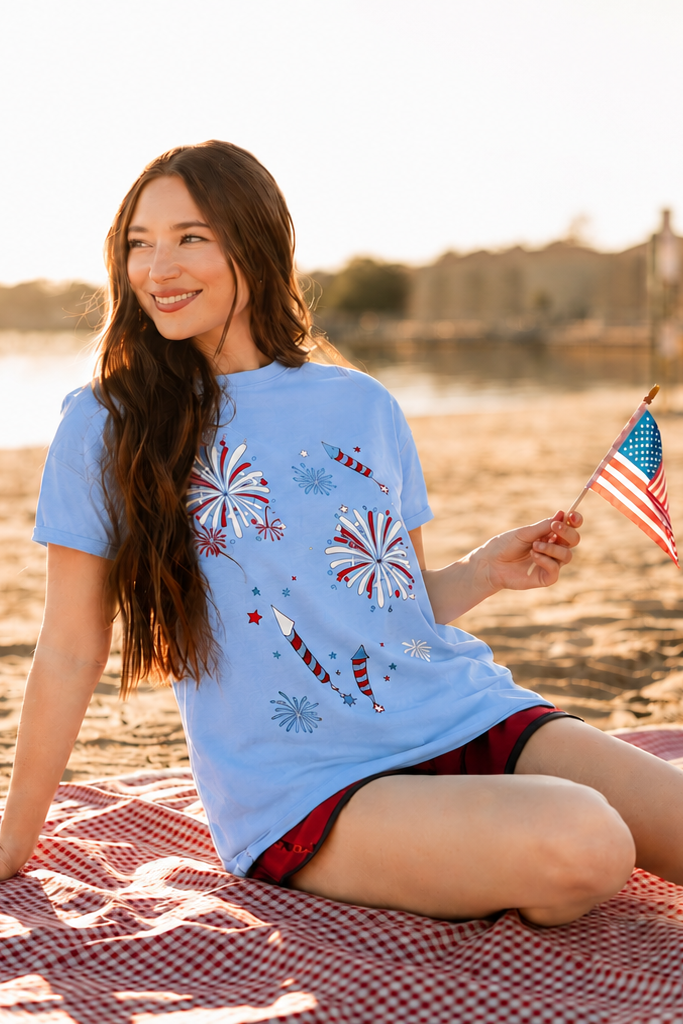 Fireworks on Blue Tee Shirt