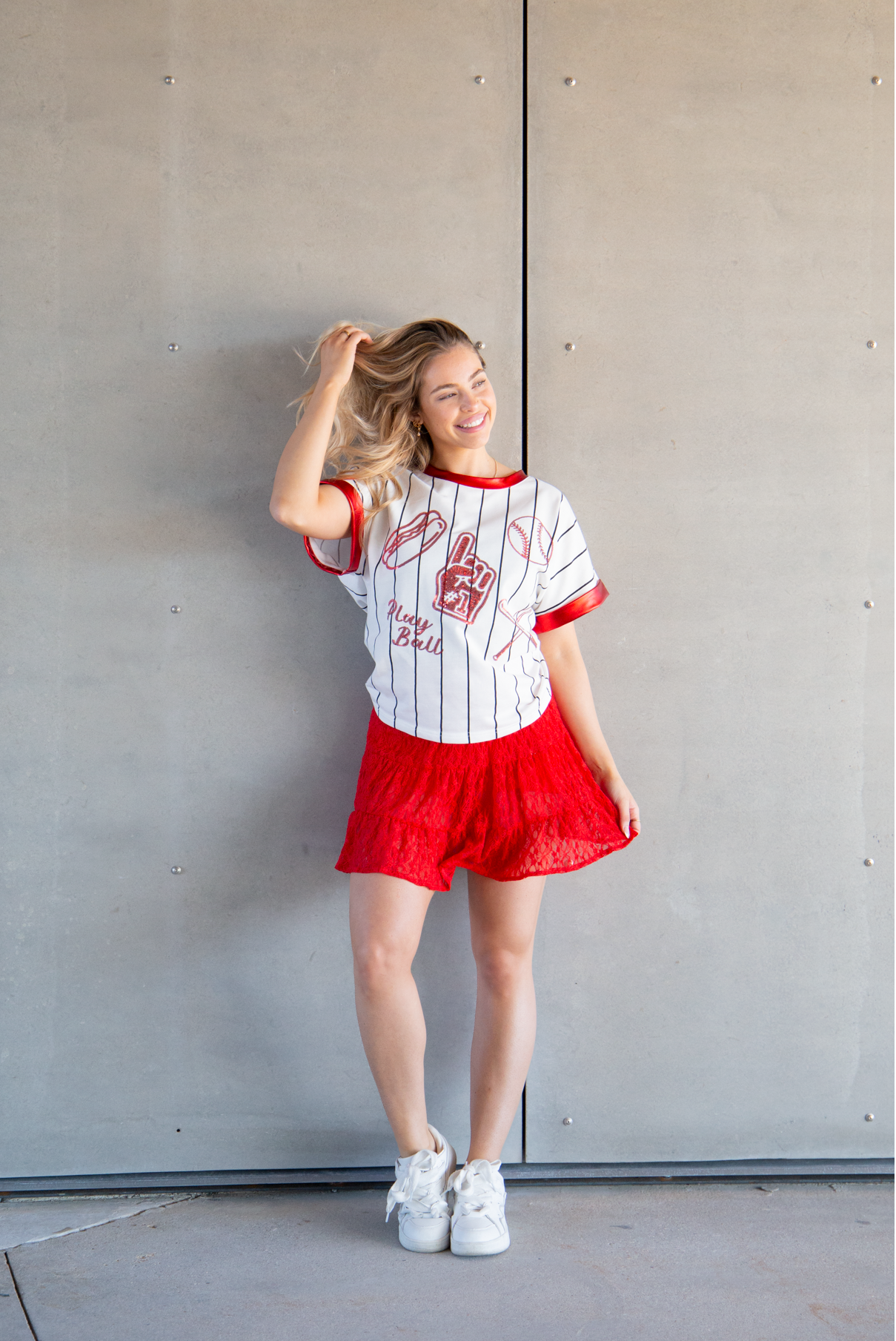 Basball Glitter Elements on White Striped Top