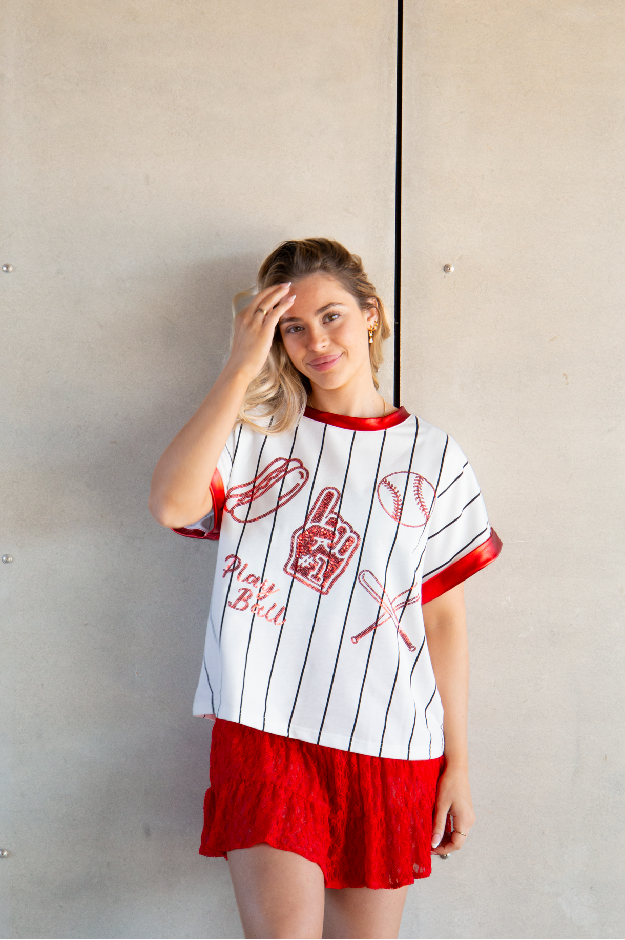 Basball Glitter Elements on White Striped Top