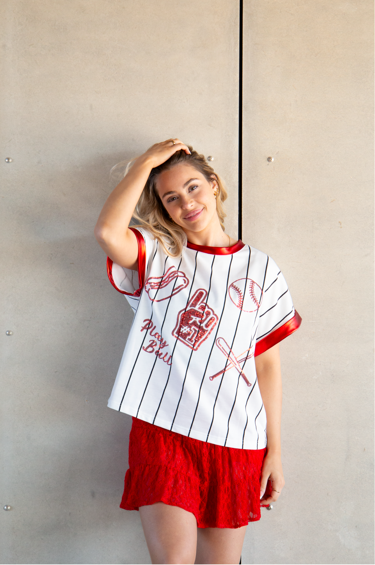 Basball Glitter Elements on White Striped Top