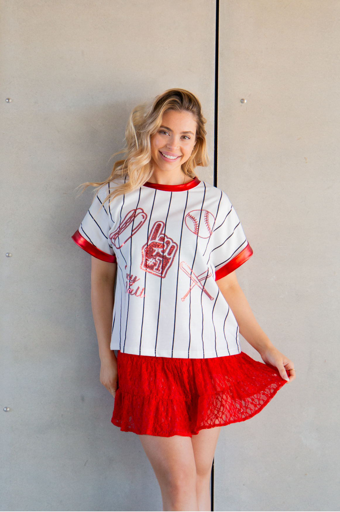 Basball Glitter Elements on White Striped Top