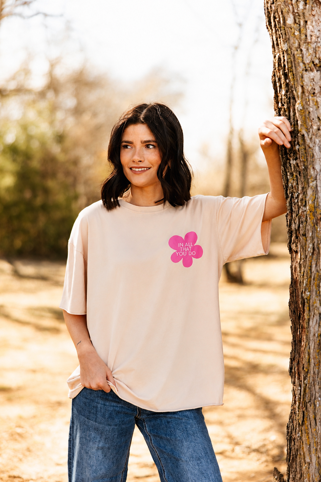 Lead with Grace on Beige Relaxed Fit Tee