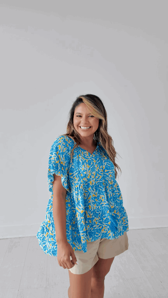 Blue &amp; Yellow Floral Babydoll Top