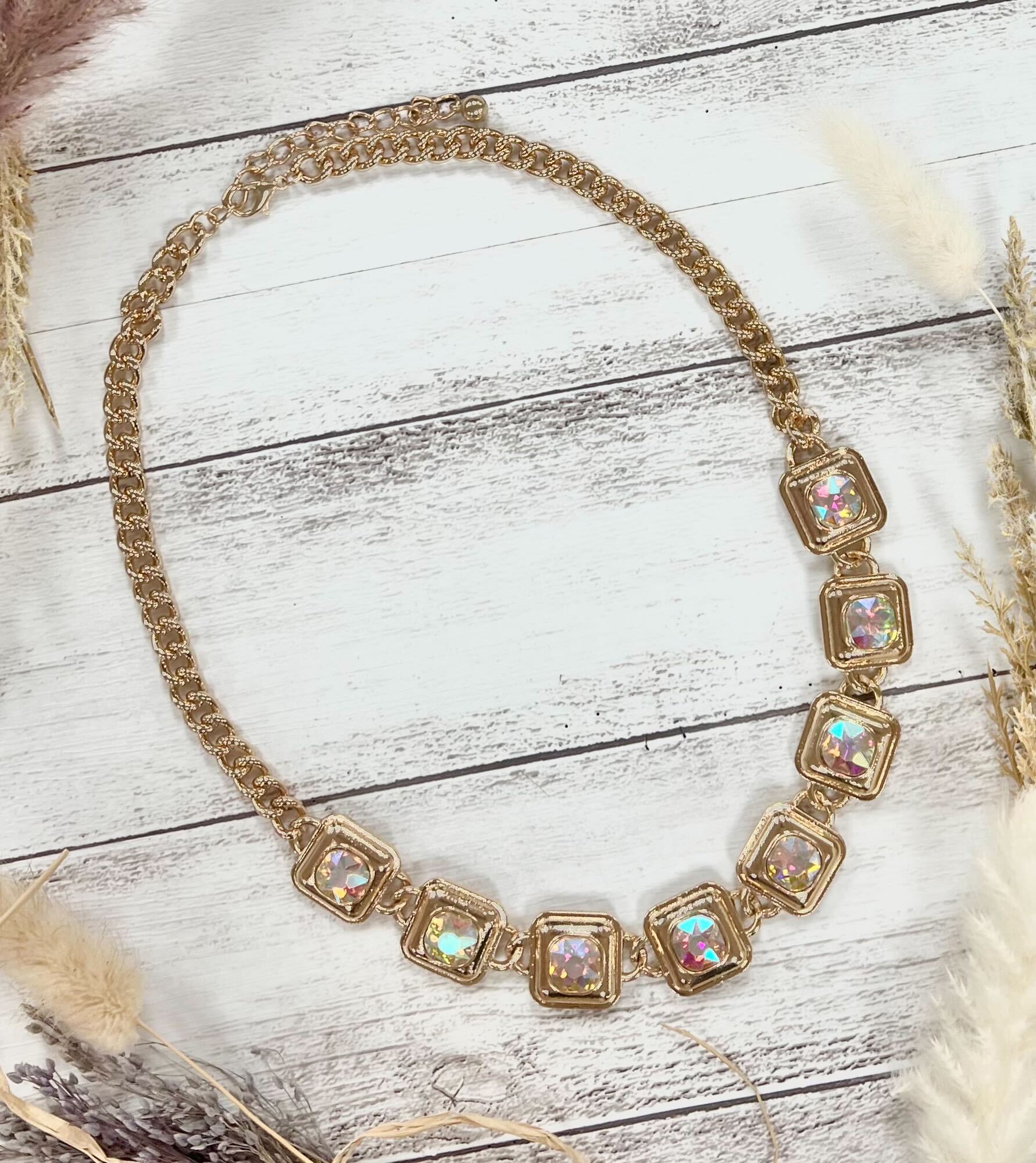 Gold Necklace With Square Gemstones