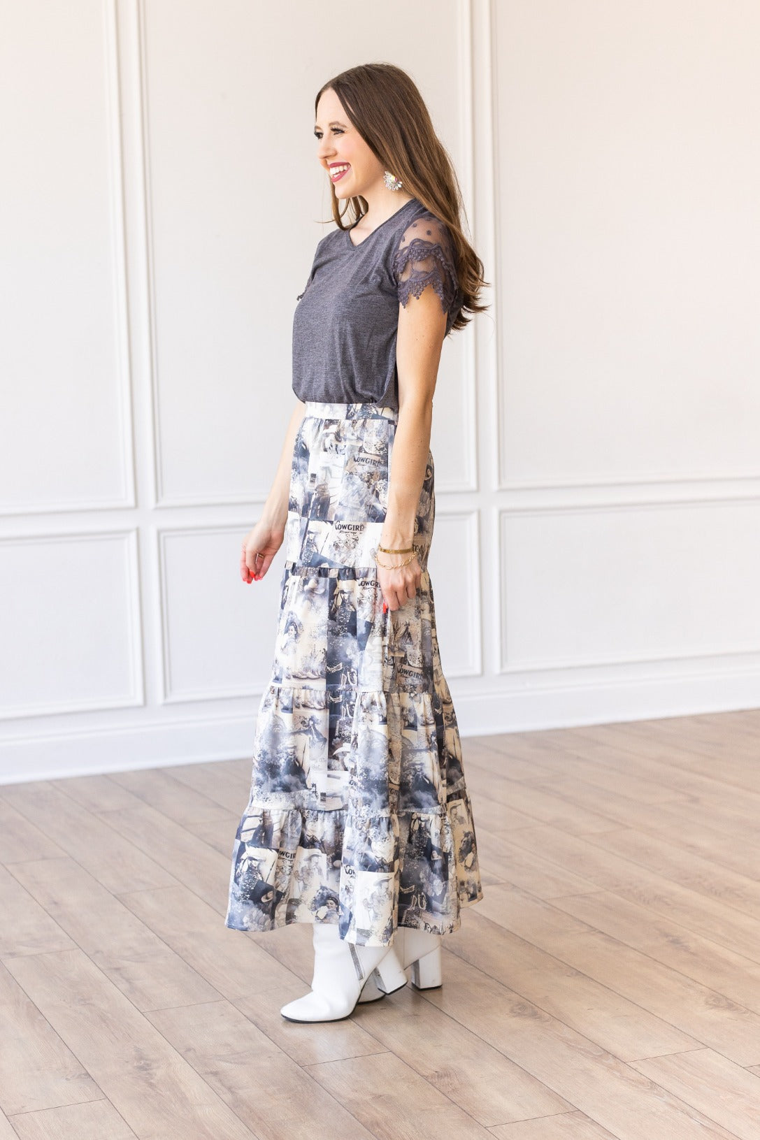 Western Print Tiered Maxi Skirt