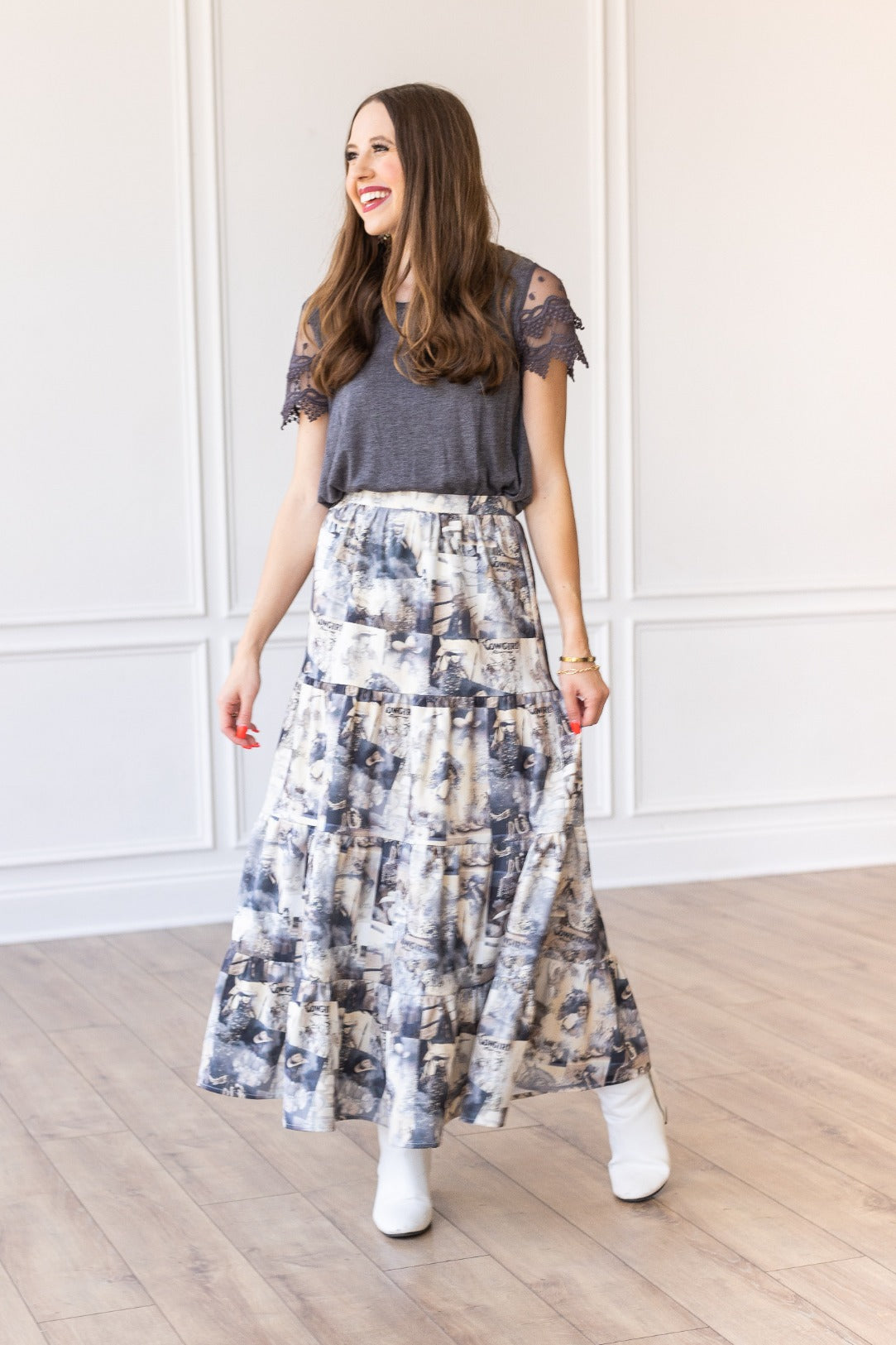 Western Print Tiered Maxi Skirt