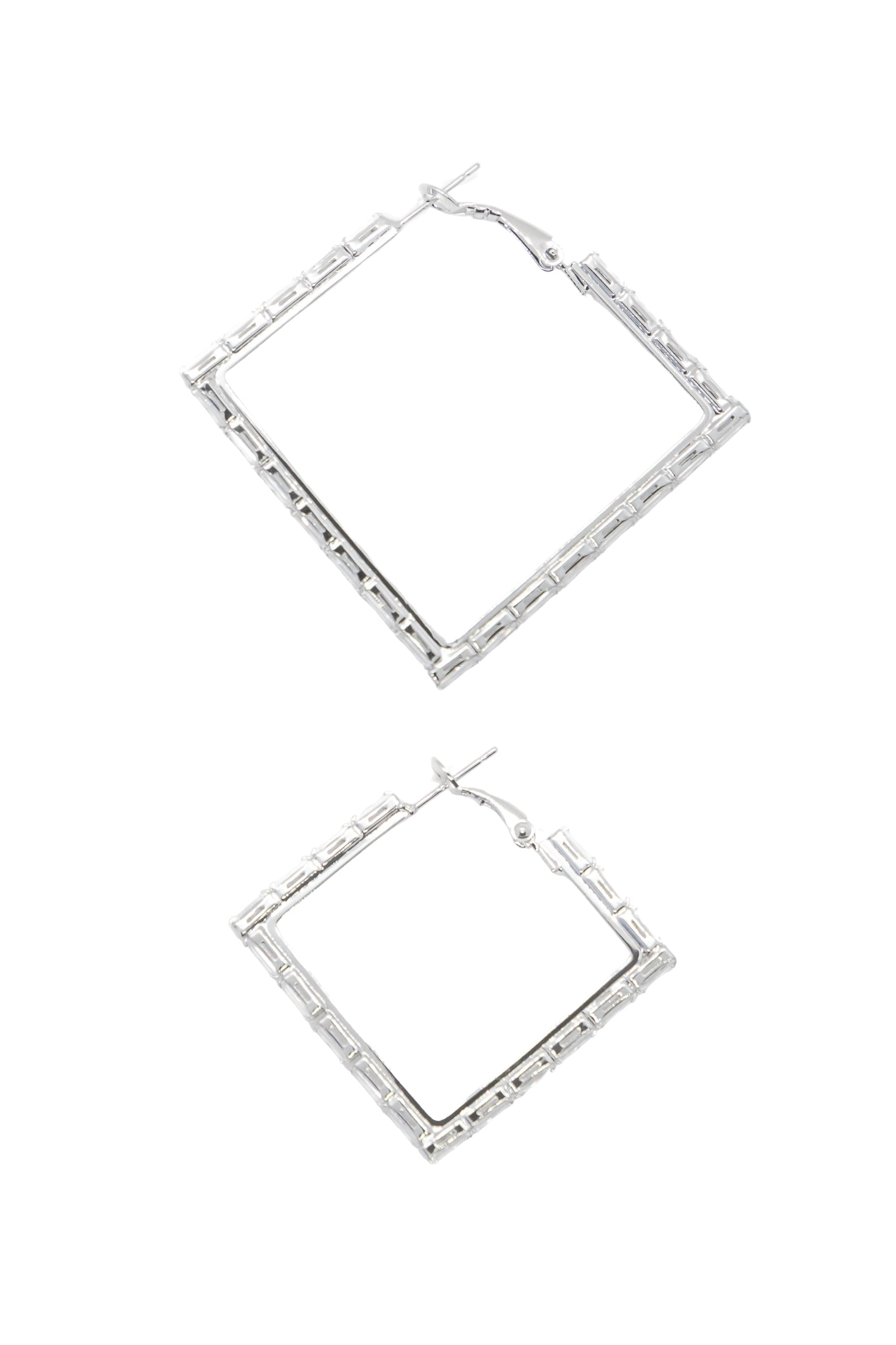 Medium Silver and Crystal Square Hoops Earrings
