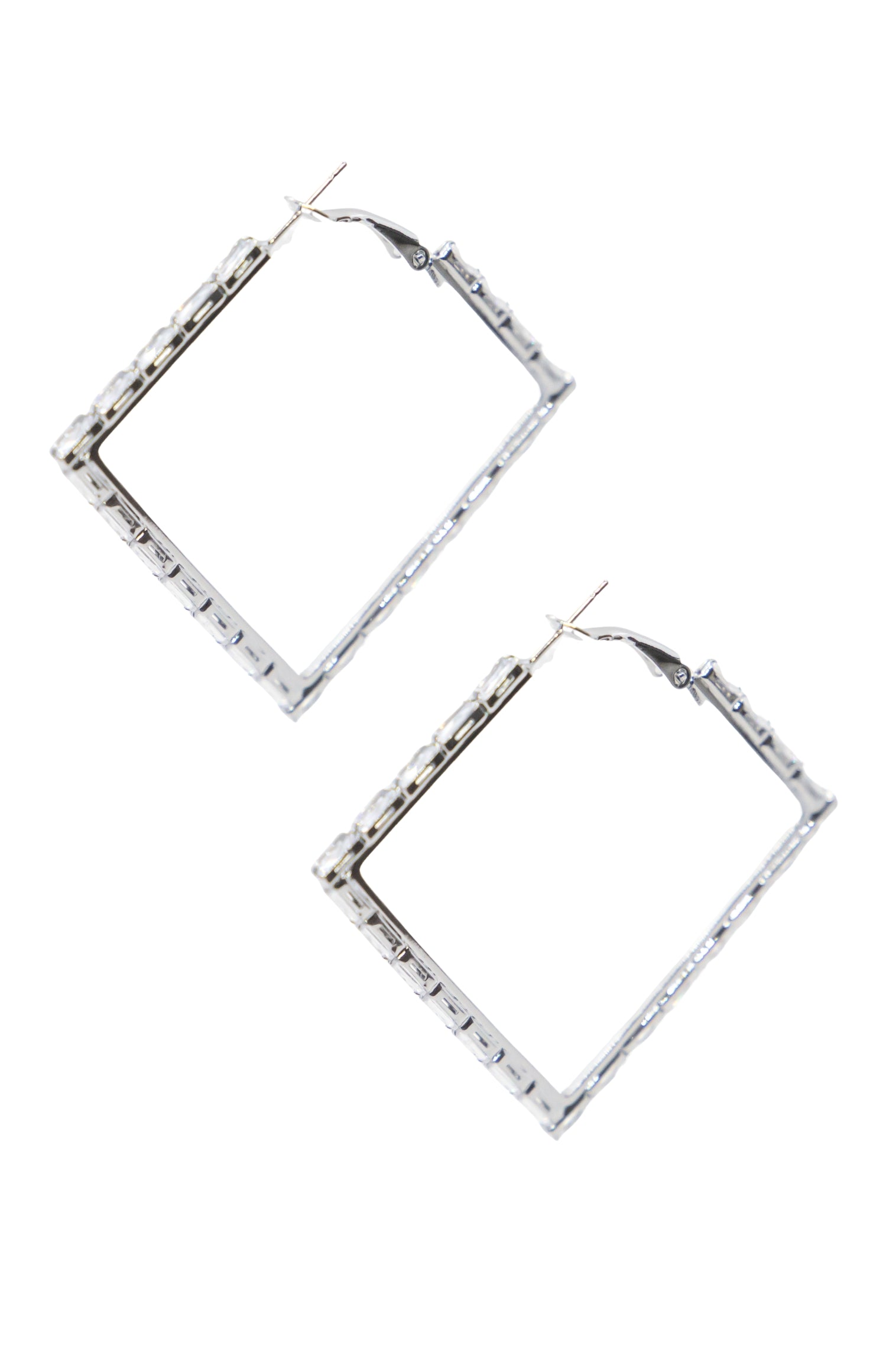 Medium Silver and Crystal Square Hoops Earrings