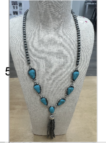 Navajo pearl with turquoise y-shape necklace with a tassel