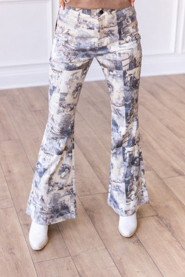 Western Print Flare Leg Pants