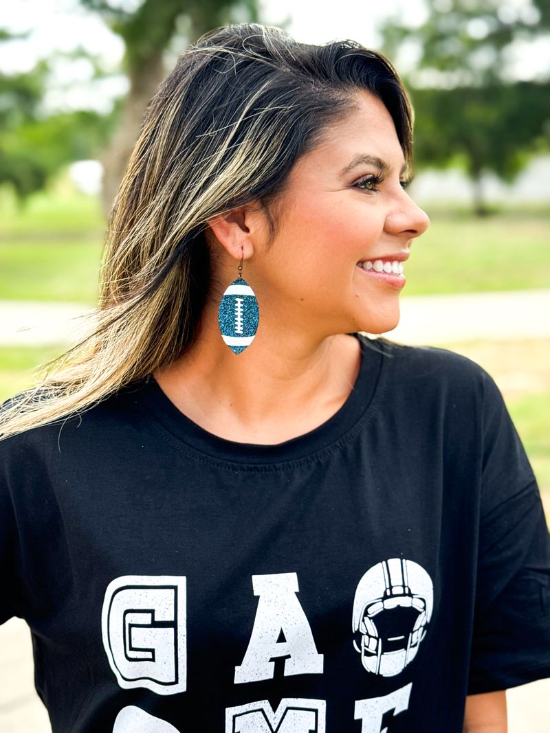 Game Day Darling Football Earrings, Midnight Blue Glitter