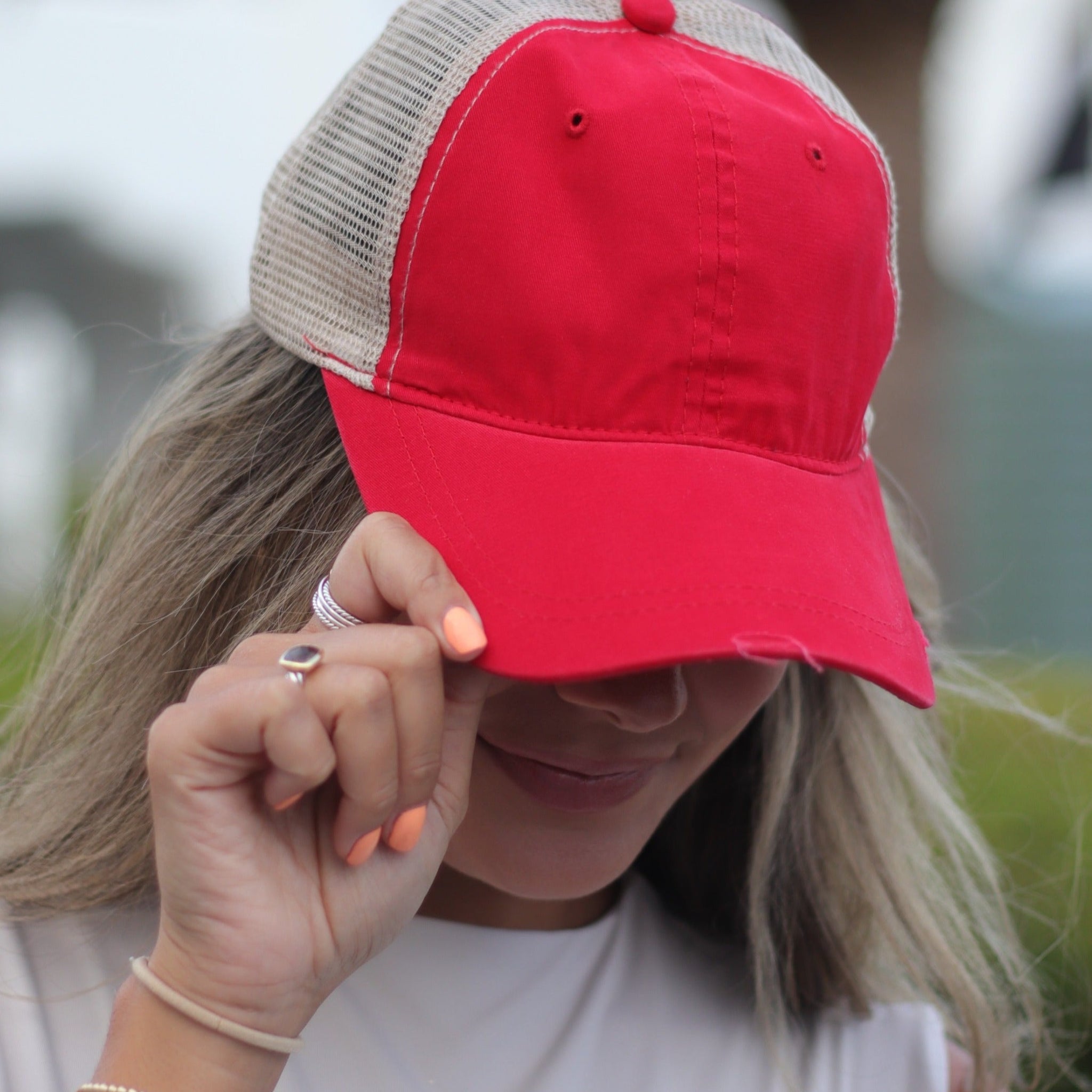 Red High Ponytail Hat with Beige Mesh