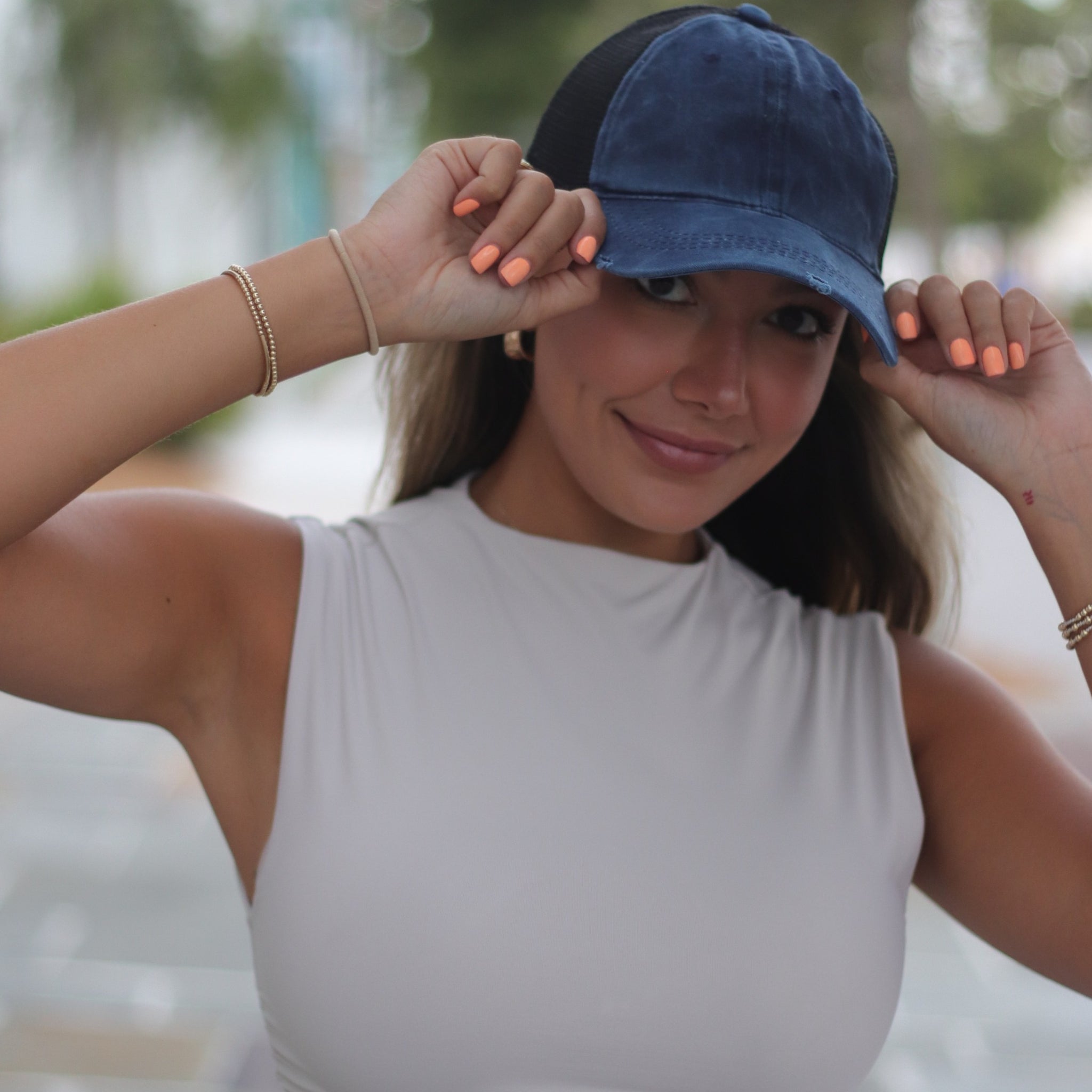 High Ponytail Navy Hat with Black Mesh Size