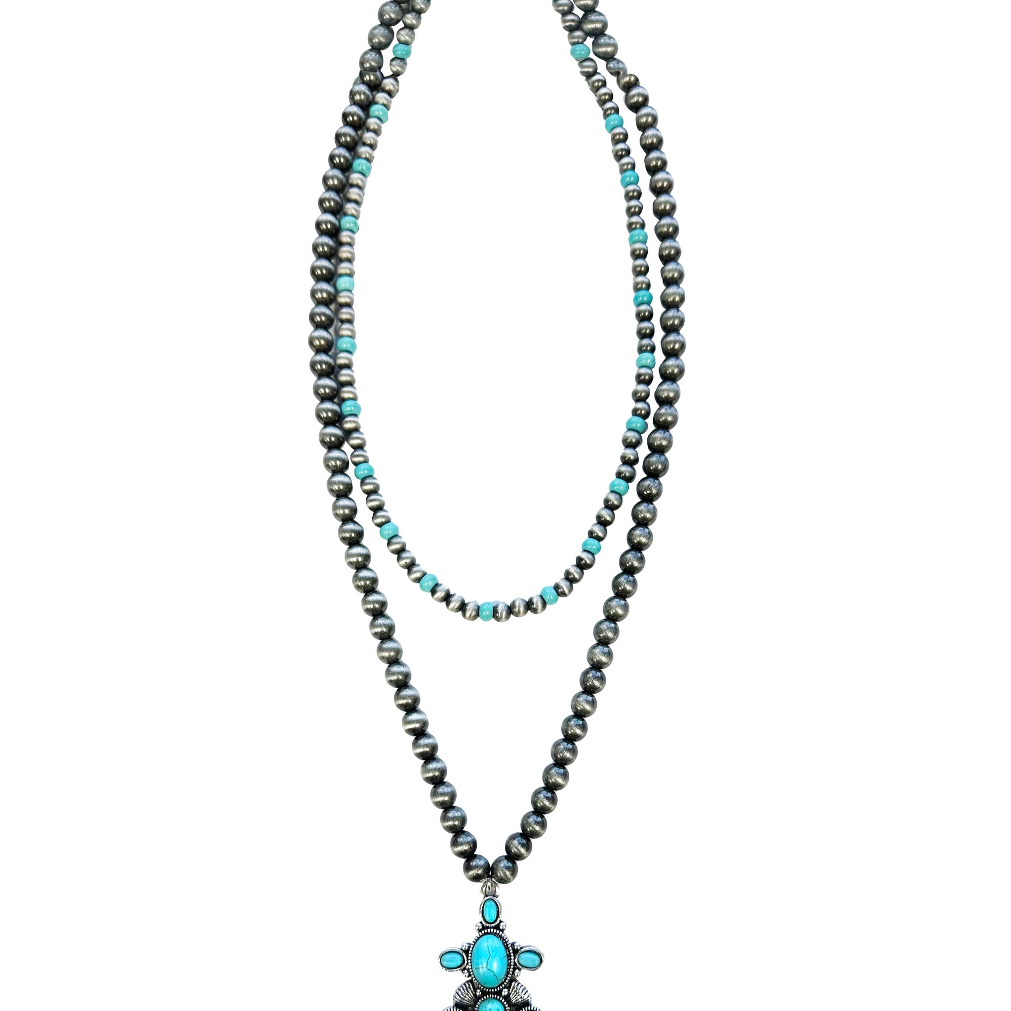 Silver and Turquoise Navajo Pearl Double Layer Squash Blossom Necklace