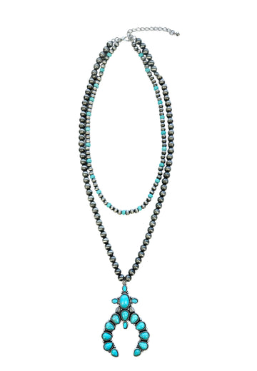 Silver and Turquoise Navajo Pearl Double Layer Squash Blossom Necklace