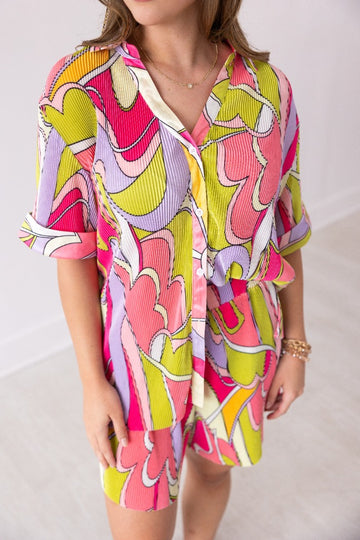 Pleated Abstract Print Button-Up