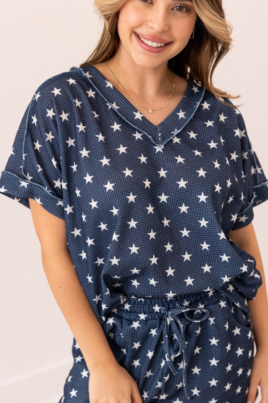 The Lucy Navy Stars Waffle Knit Top