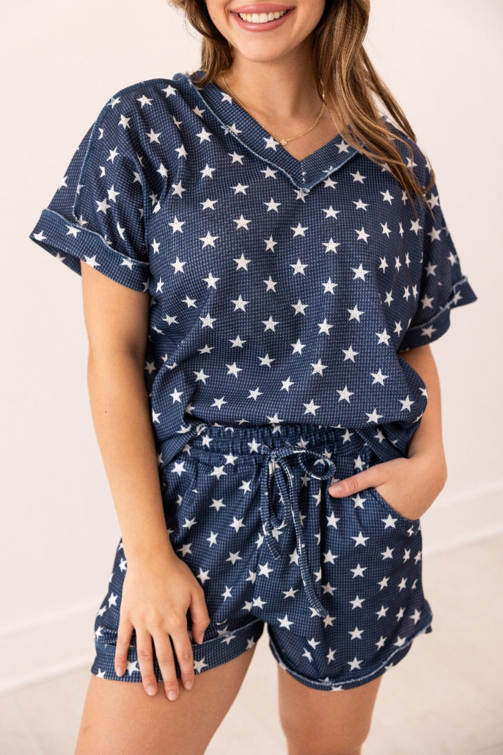 The Lucy Navy Stars Waffle Knit Top