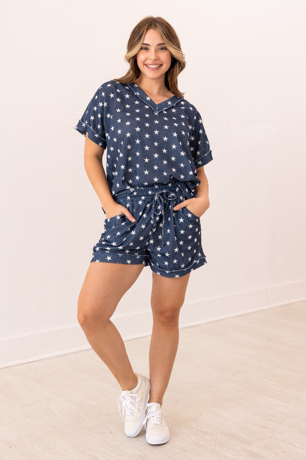 The Lucy Navy Stars Waffle Knit Top