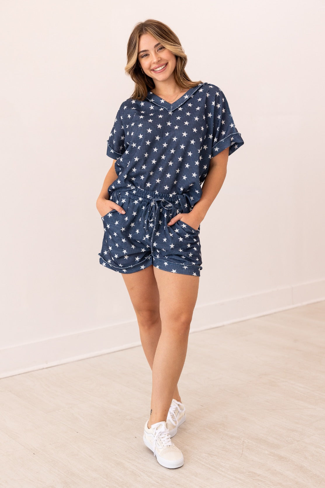 The Lucy Navy Stars Waffle Knit Top