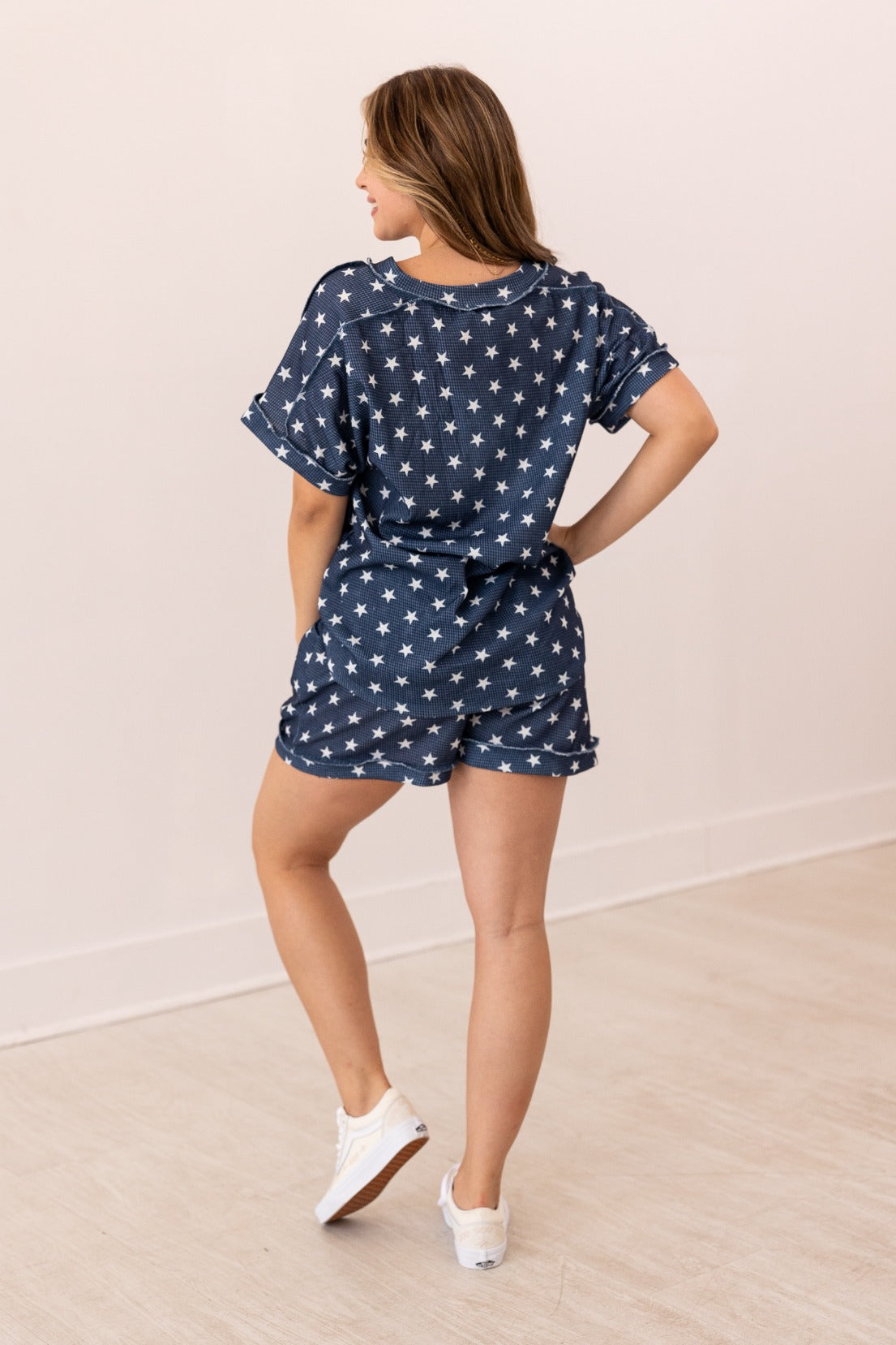 The Lucy Navy Stars Waffle Knit Top