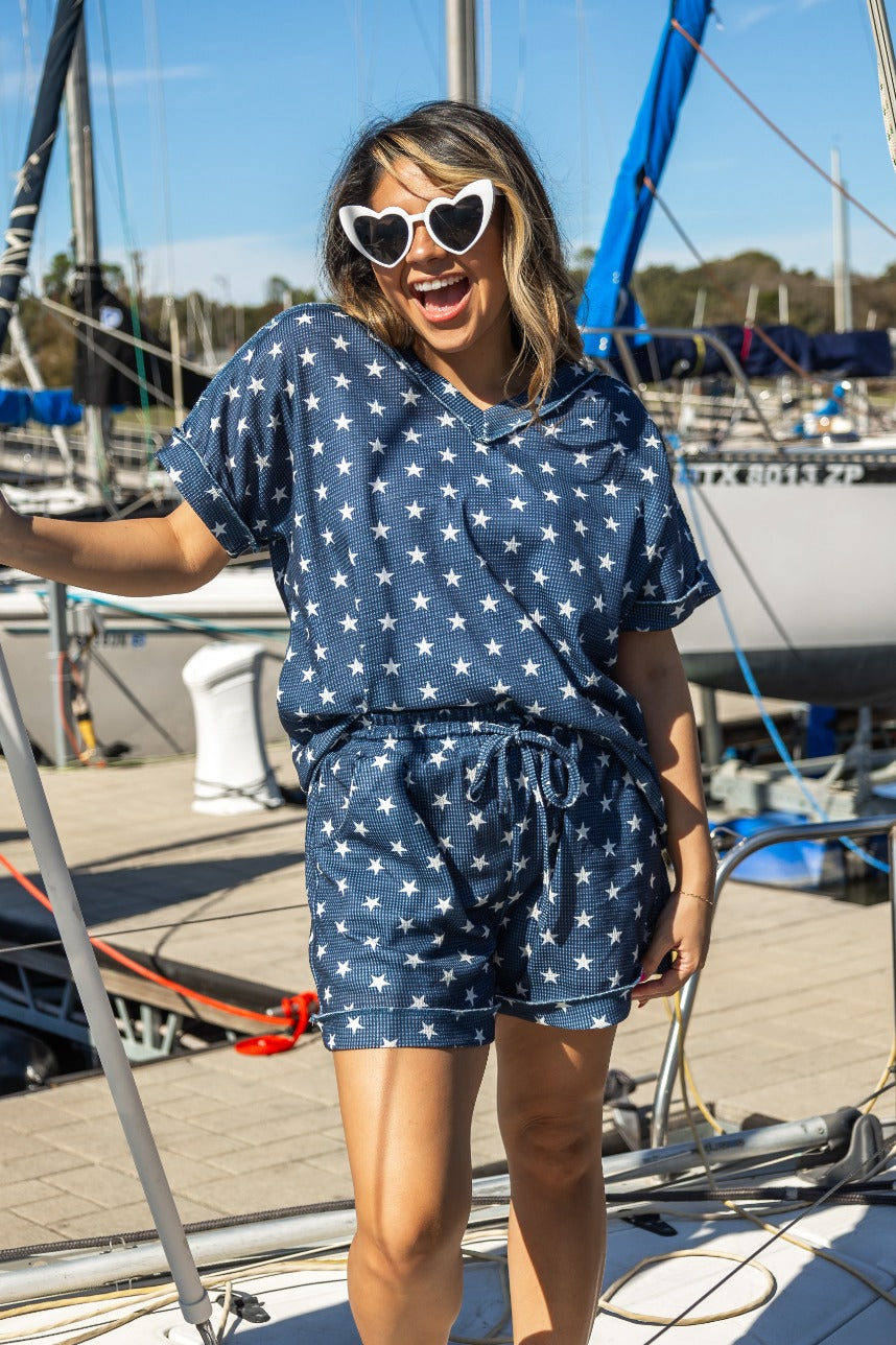 The Lucy Navy Stars Waffle Knit Top