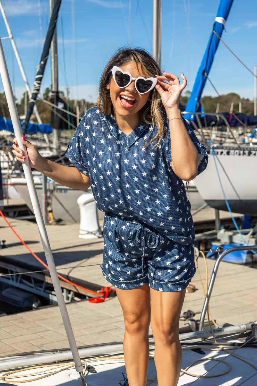 The Lucy Navy Stars Waffle Knit Top